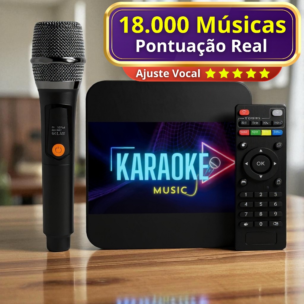 Aparelho Karaoke Profissional 1 Microfone Sem Fio + 18.000 Músicas com Pontuação Real e Ajuste Vocal