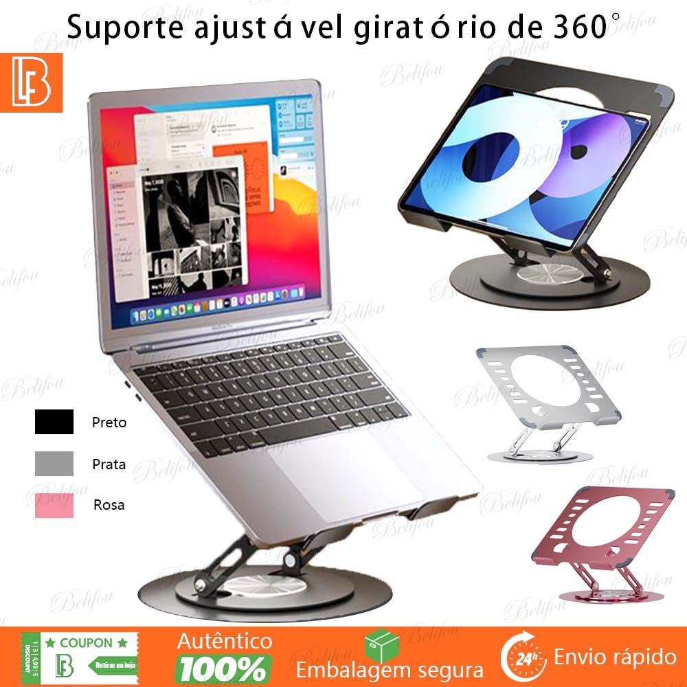 Suporte de Metal Ajustável Para Notebook 10 a 17 Dobrável 360° Giratório Reforçado Portátil Base Est