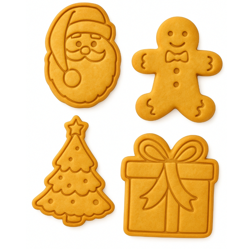 Kit 4 Cortador de Biscoito Molde Papai Noel Forma Feliz Natal Marcador Carimbo Natalino Cookie Massa