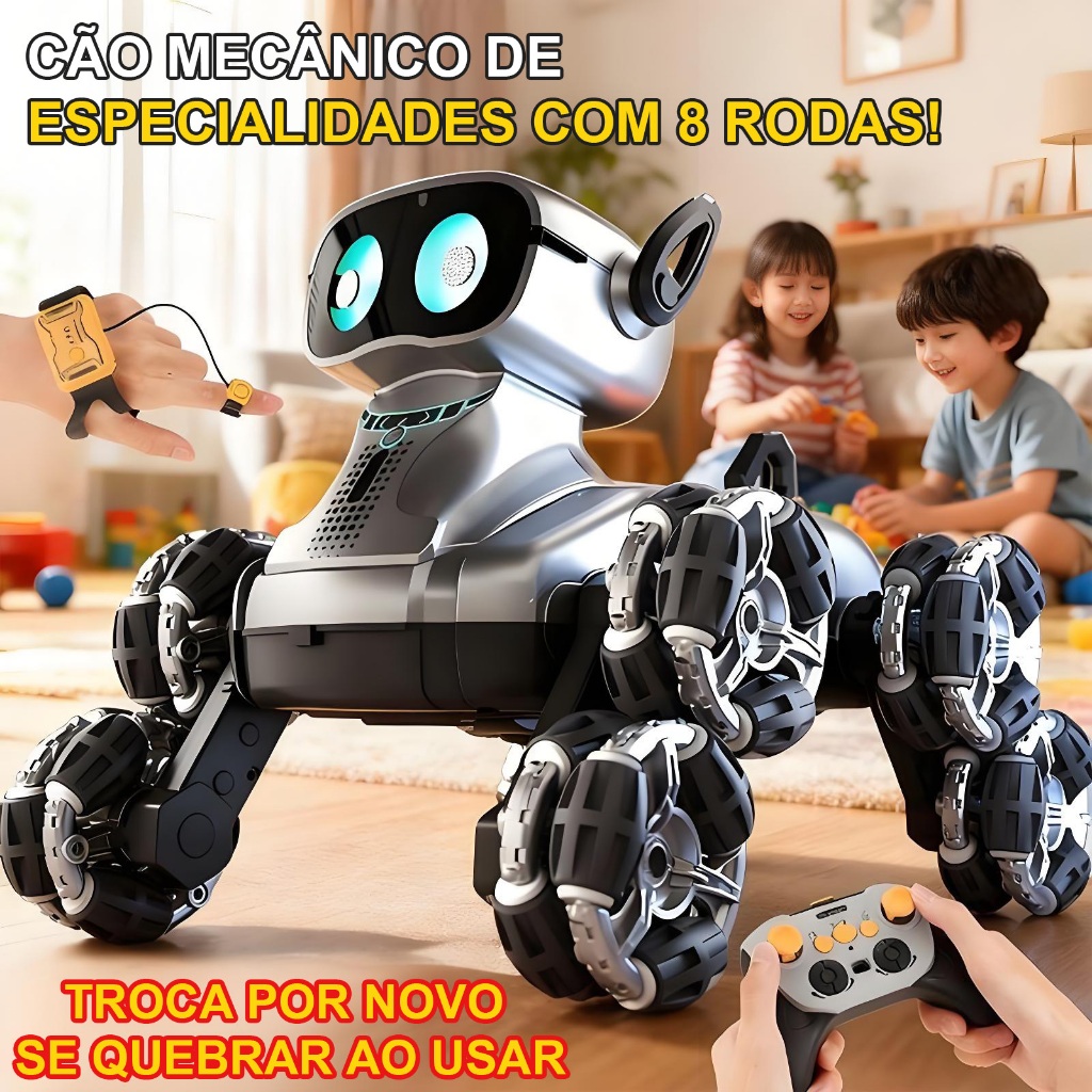 Cachorro Robô Inteligente com Controle Remoto  8 Rodas e Sensores de Mão