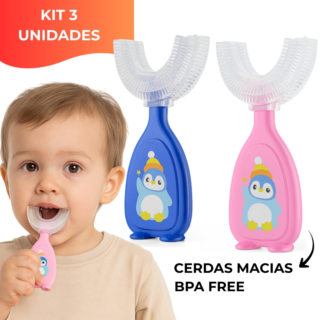 Kit 1 a 3 Escovas Dental Infantil Formato U 360° Silicone Cerdas Macias Bebê Criança Higiene Oral