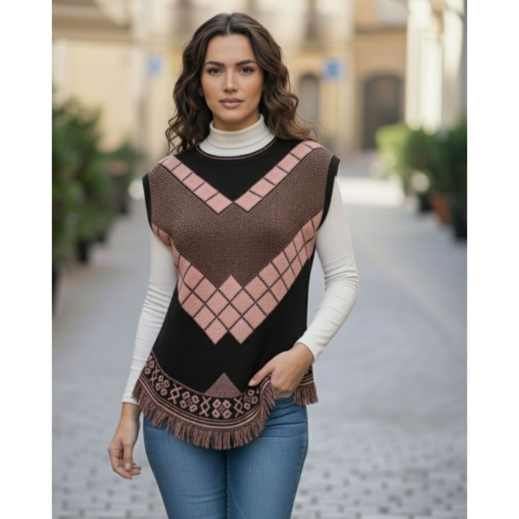 Poncho Feminino Tricot Sem Mangas com Franja  Colete em Trico Estampa Geométrica