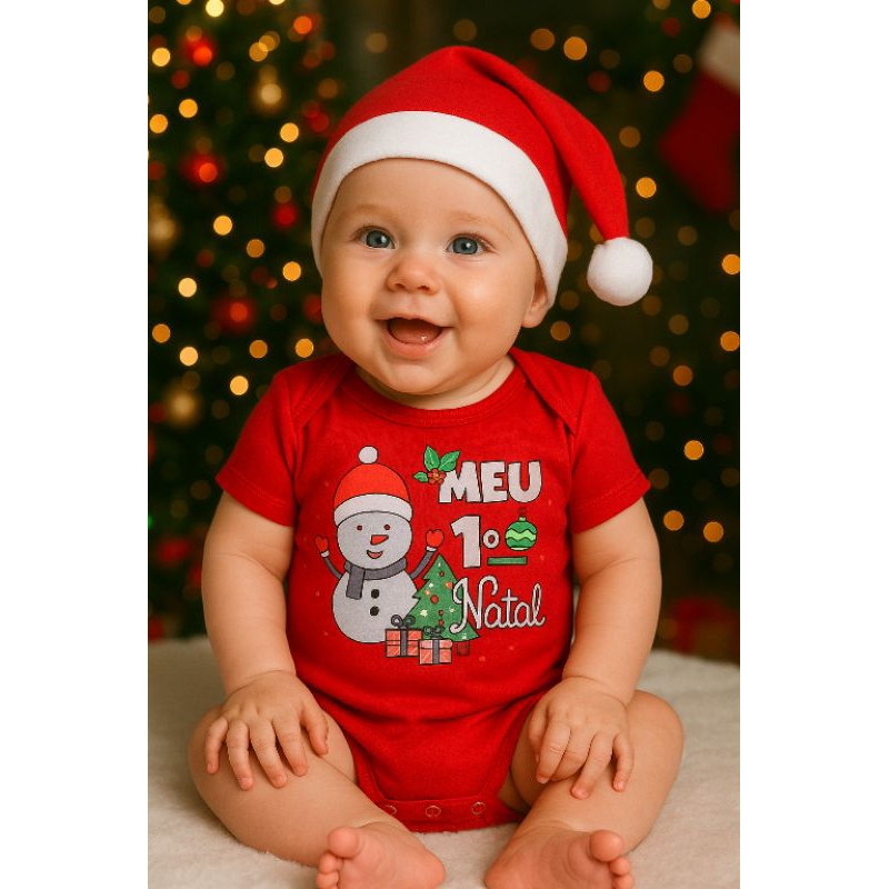 BODY bebê Primeiro Natal + Touca mesversário