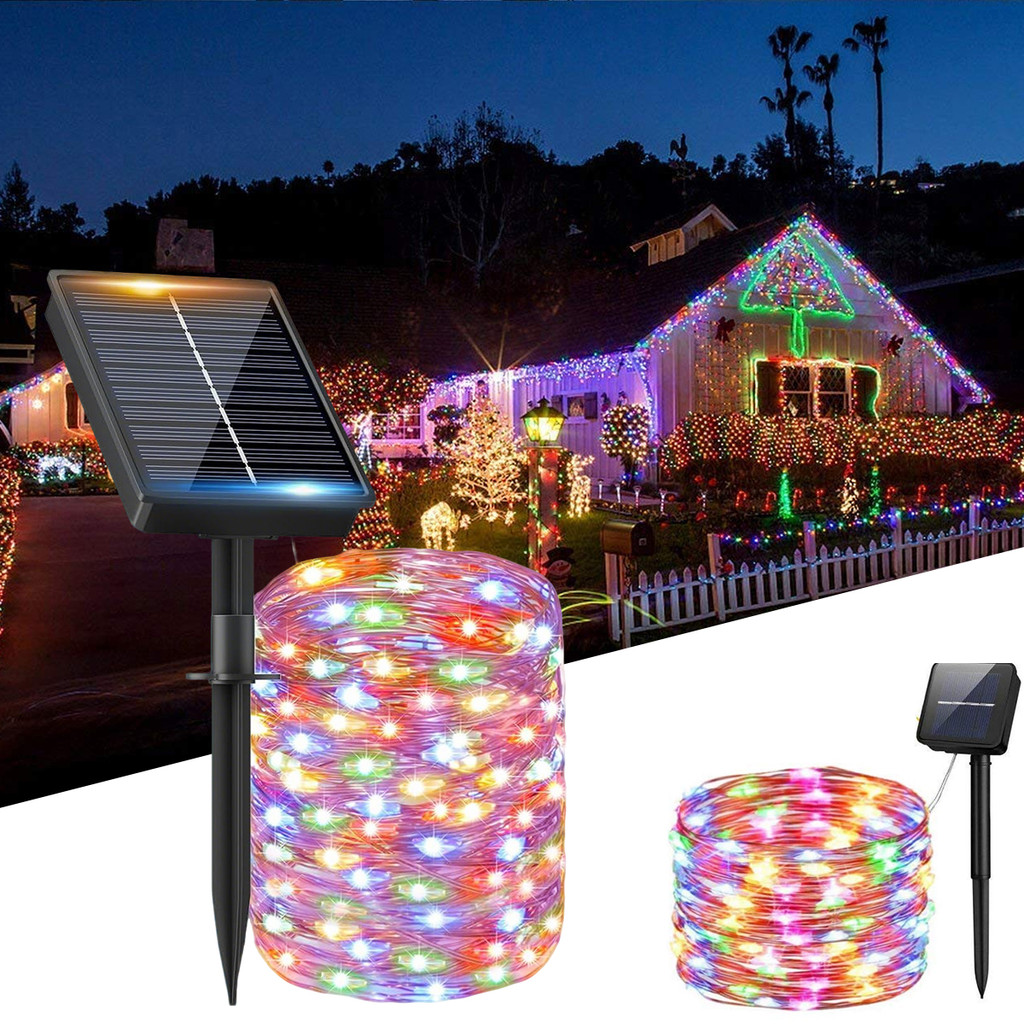 Cordão de luzes solares LED de 20/50 metros, decoração natalina à prova dágua para uso externo, bril