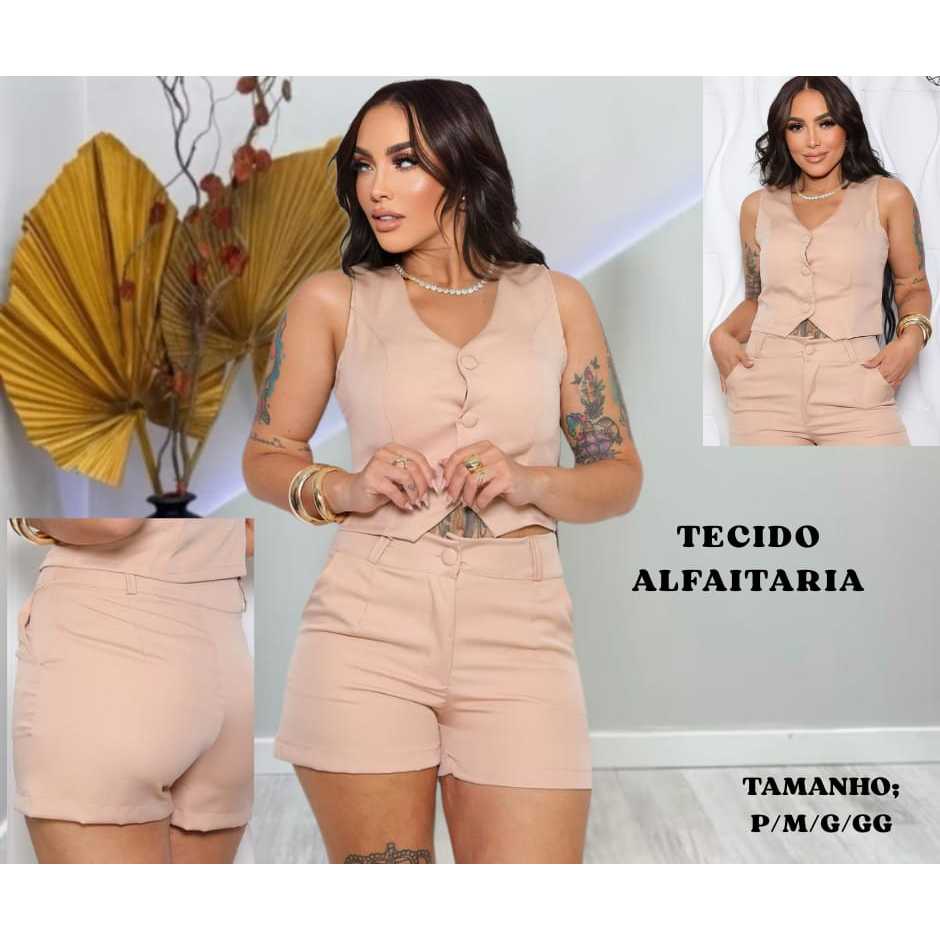 Conjunto Feminino Alfaiataria Short e Colete Social Elegante Moda Blogueira Verão