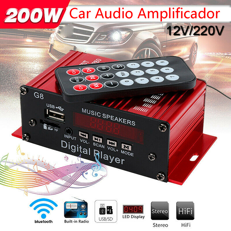 G8 Carro 12V 200W Amplificador De Potência Digital De 4 Canais Estéreo bluetooth AUX FM
