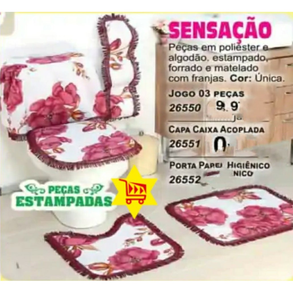 Jogo de Banheiro 03 Peças – 02 Tapetes e 01 Protetor Sanitário – Estampado – OFERTA