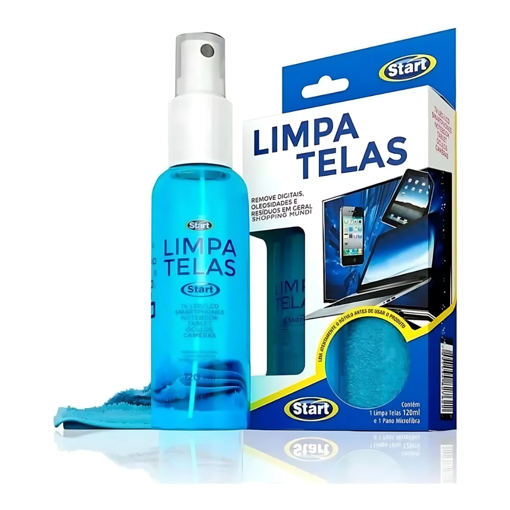 Limpa Telas Kit Start 120ml Pano Microfibras Removedor Sujeira Tela