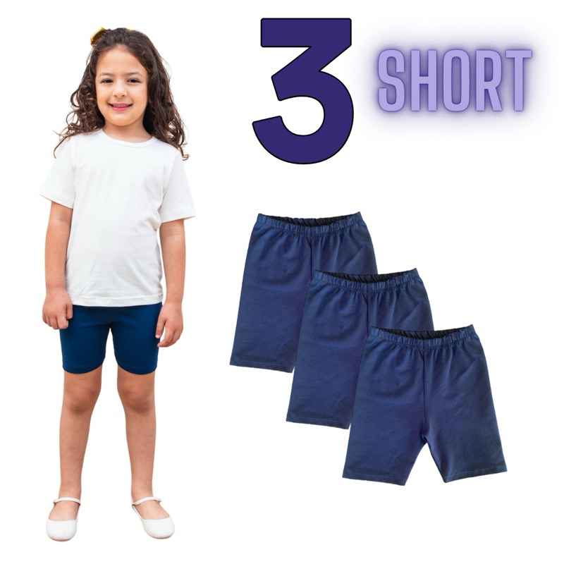 Kit 3 Short Escolar Cotton Infantil Menina 2 a 12 