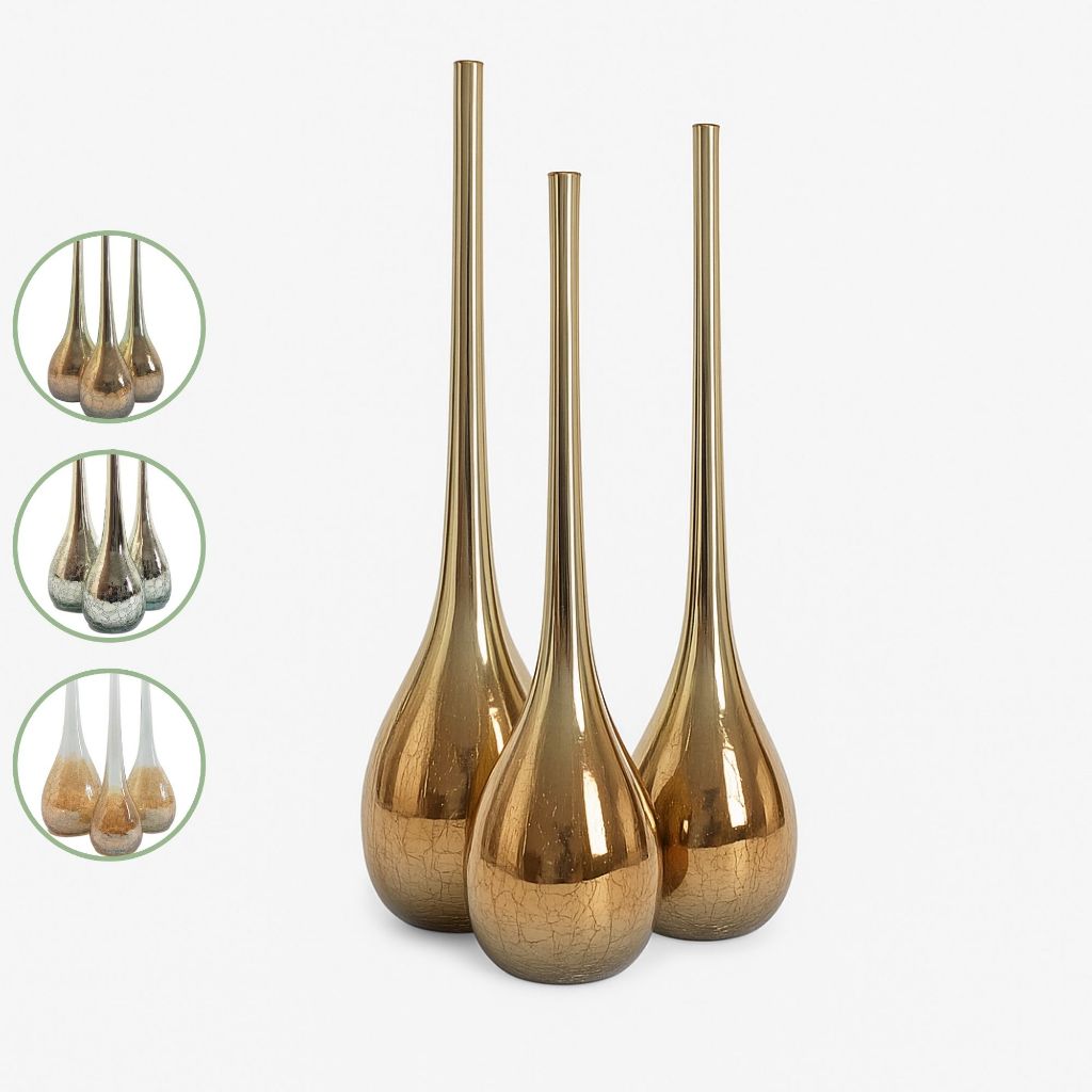 3 Vasos Decorativos Vidro Craquelado Metalizado Lu