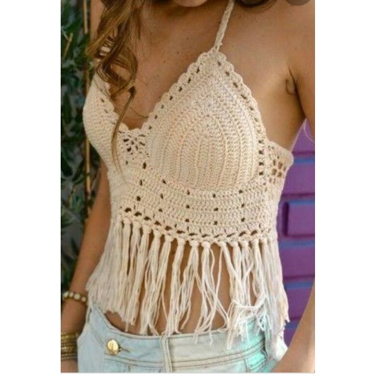Cropped crochê moda praia de franjas com bojo , v