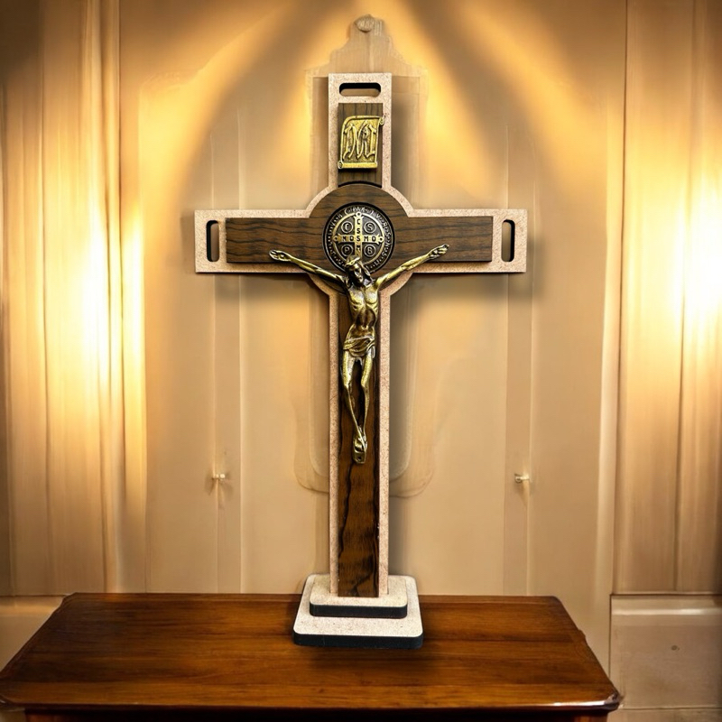Crucifixo Cruz MDF Duplo São Bento Metal Envelhec