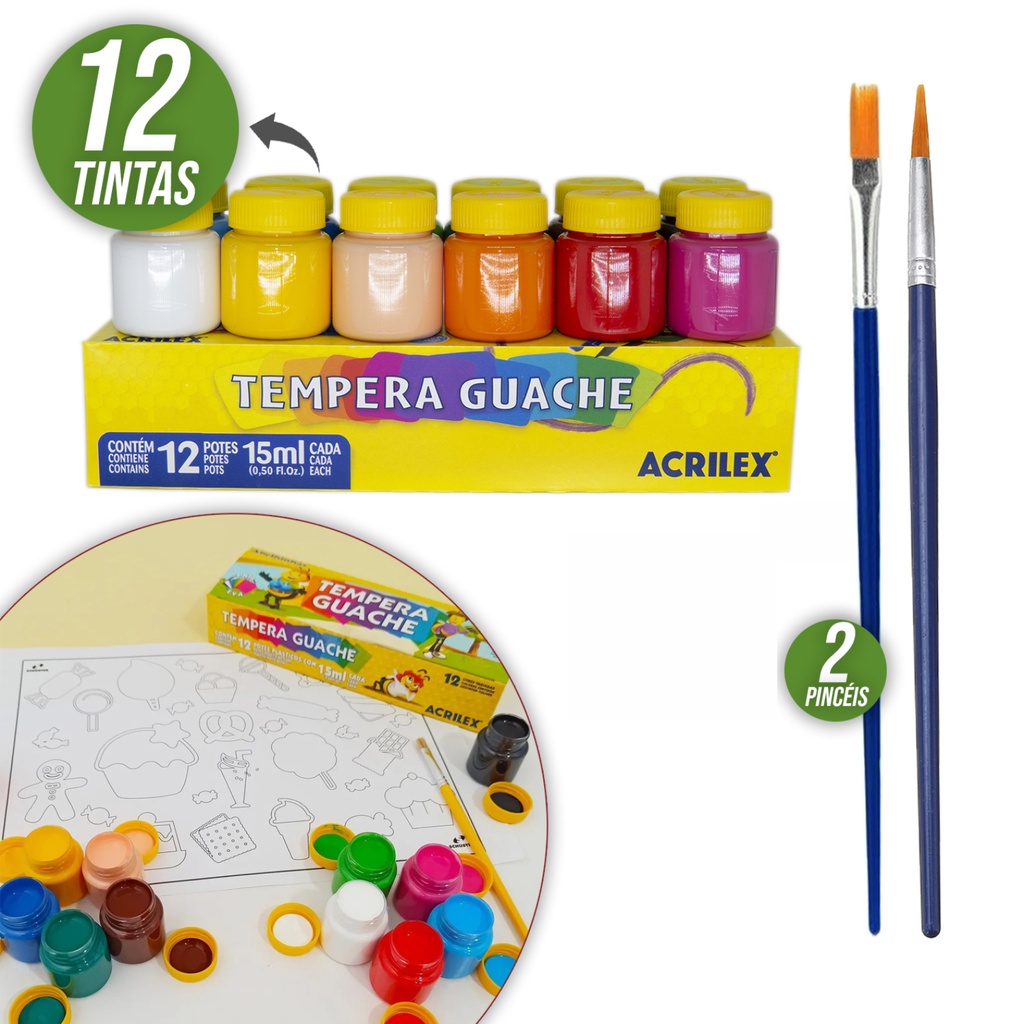 Tinta Tempera Guache Acrilex 12 Cores Pintura Esco