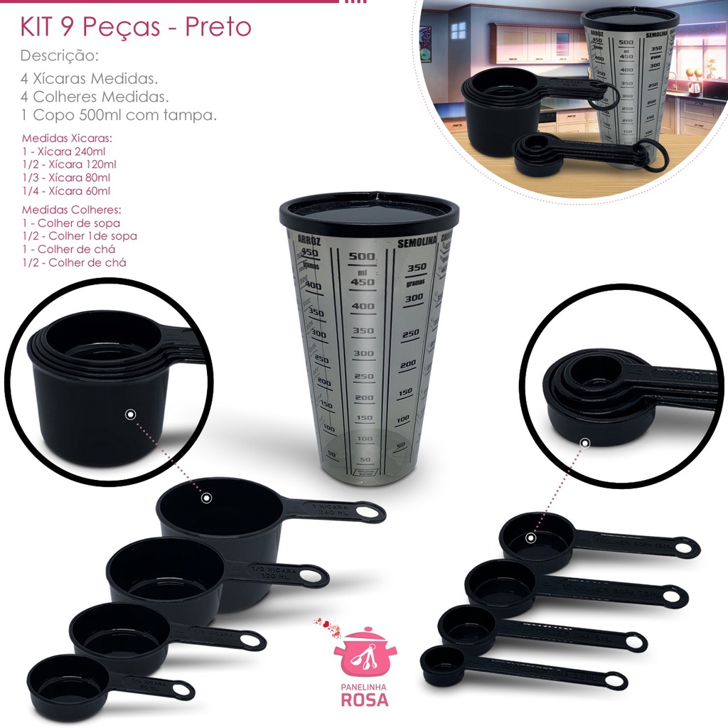 kit medidores 9 peças varejo e atacado copo de 50