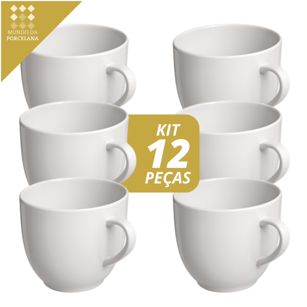 Jogo 12 Xicara Cafe Cha Porcelana Lisa 95ml Branco