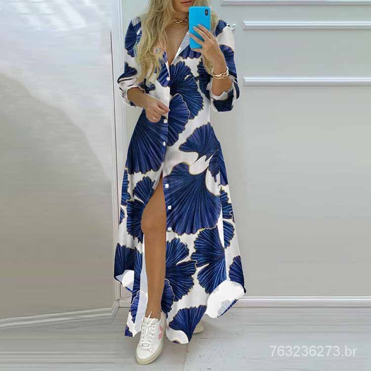 Vestido Longo Feminino Com Botão Solto Estampado 