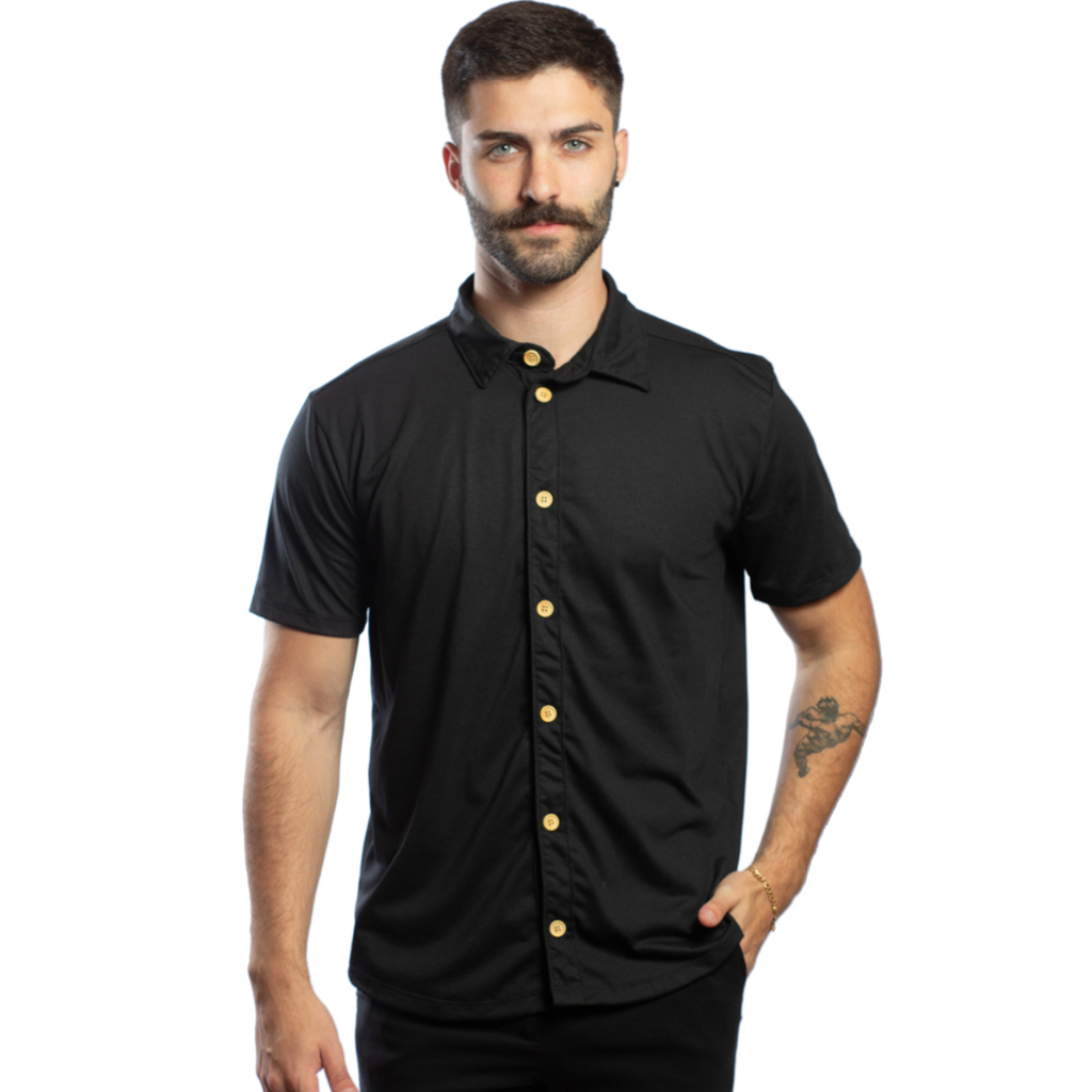 Camisa De Botão Masculina Preta Feita De Malha Su