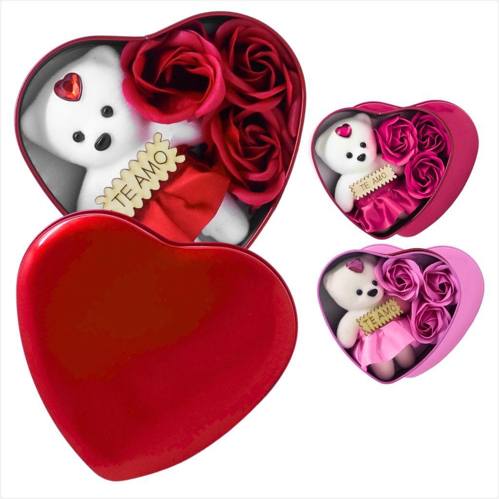 Caixa De Presente Coração, Com Ursinho E Rosas