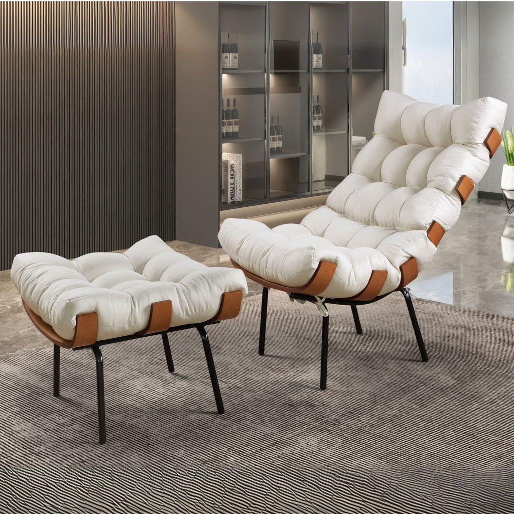 Poltrona com Puff Costela Linho Bege/Off White