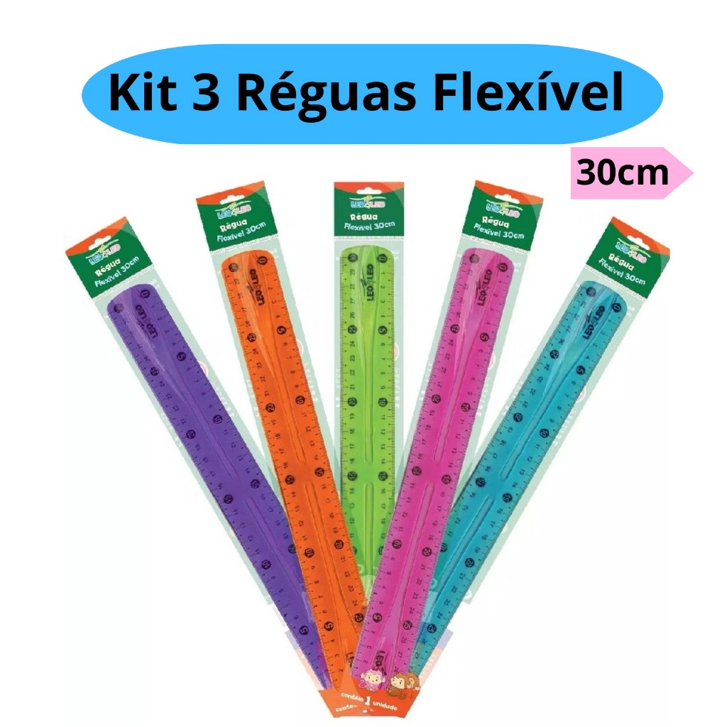 Kit 3 Régua Flexível 30cm Colorida Escolar ̵