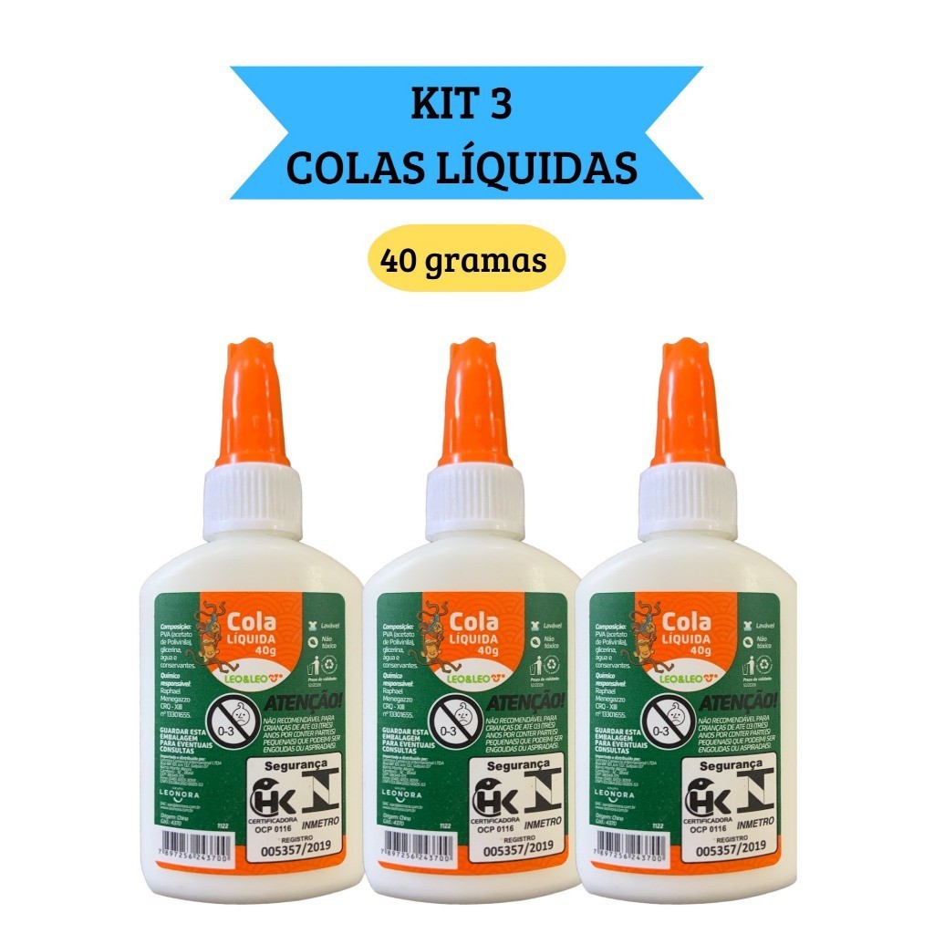 Kit 3 Cola Líquida Branca Escolar 40g com espátu