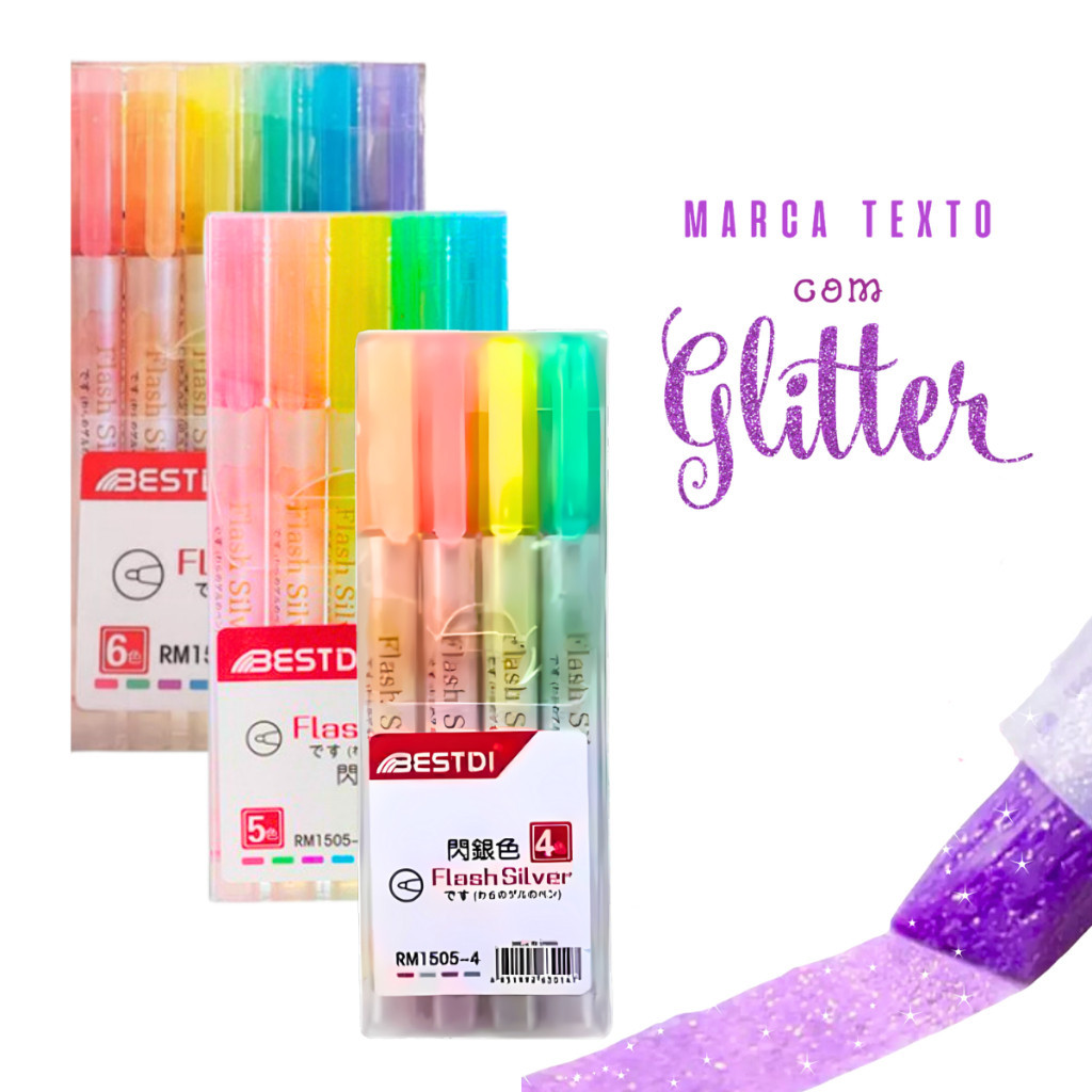 Kit Canetas Marca-texto Com Glitter 4-6 Cores