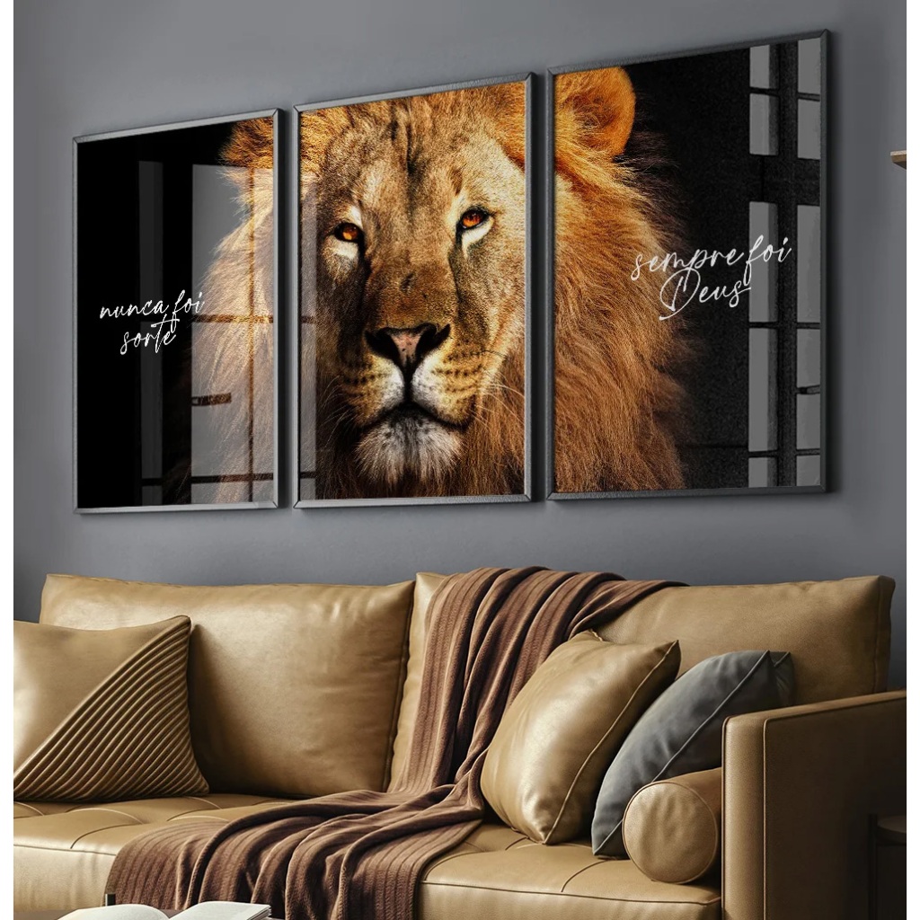 Quadro Leão Moldura Frase Nunca Foi Sorte Sempre 