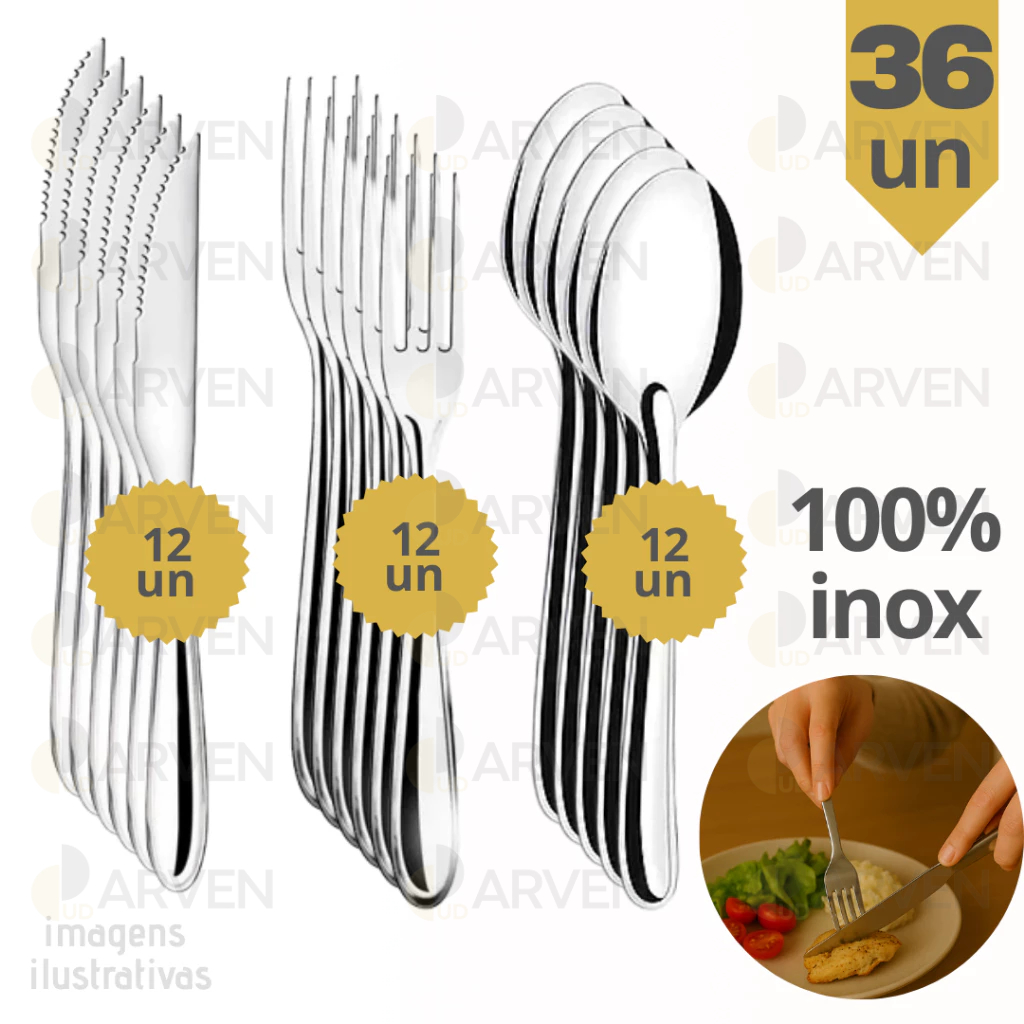 Jogo de Talheres 36pç Aço Inox 100% Garfo Faca e