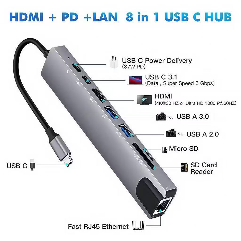 Adaptador Hub Tipo C 7 Em 1/ 8 em 1 Hdmi Micro Sd 