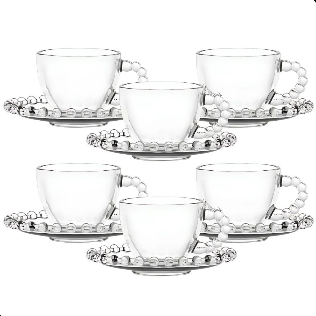 Jogo De Xícaras E Pires Em Vidro Transparente 12 