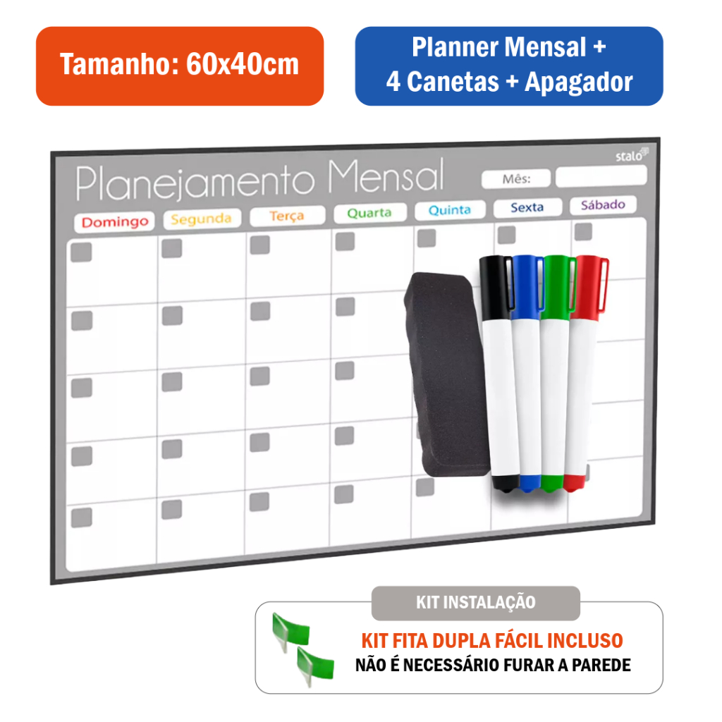 Planner Mensal 60x40cm Organizador de Rotina + 4 C