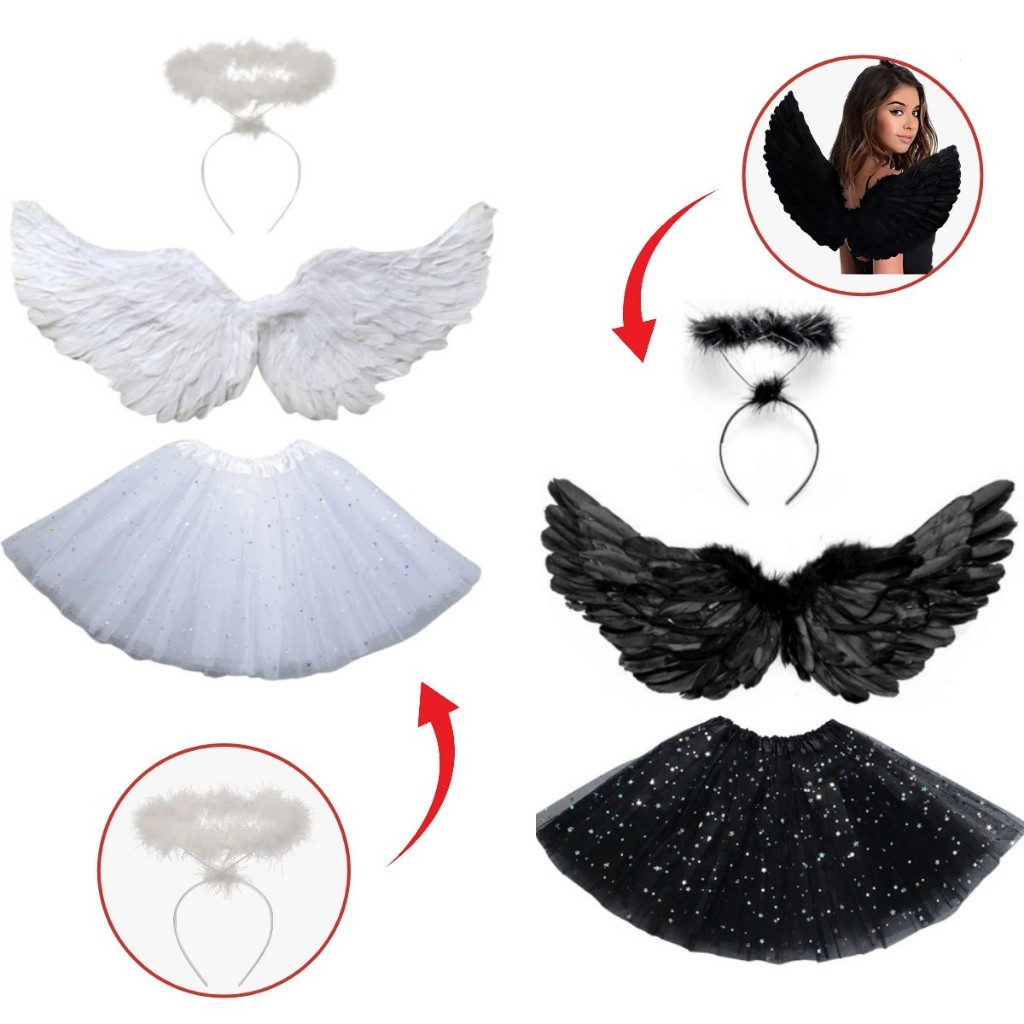 Fantasia Asa Anjo, Tiara e Saia Fantasia Halloween