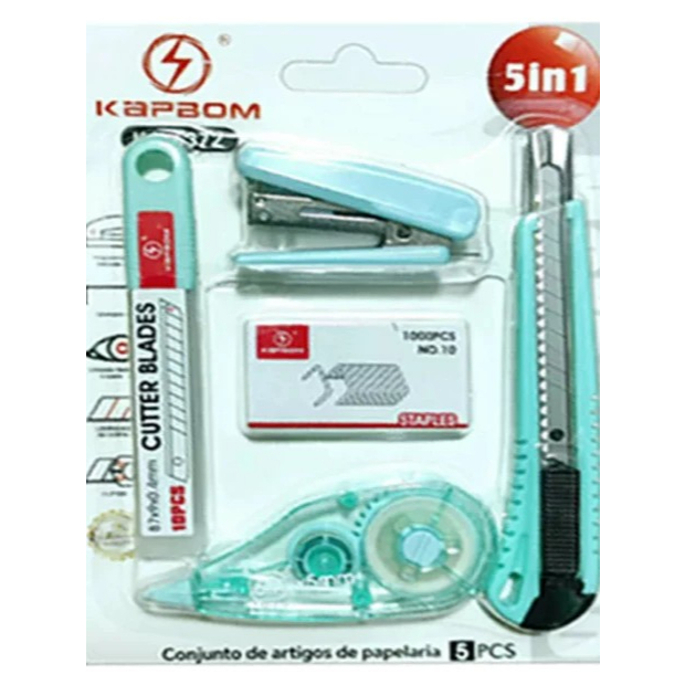 O kit de papelaria inclui cortador, grampeador e f