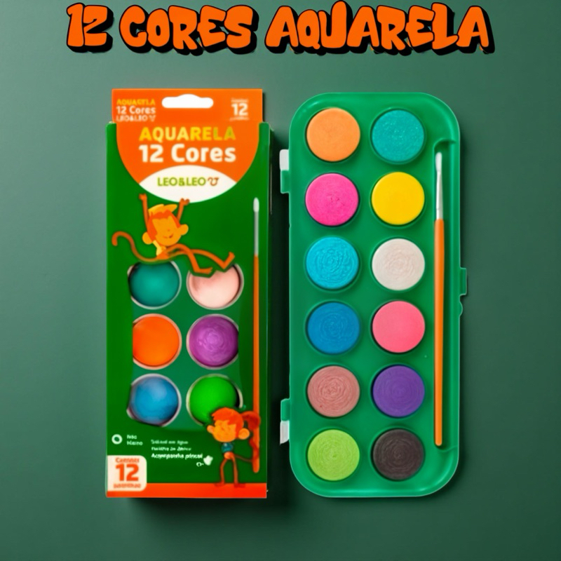 Estojo Aquarela 12 Cores Escolar Tinta e Pincel &#
