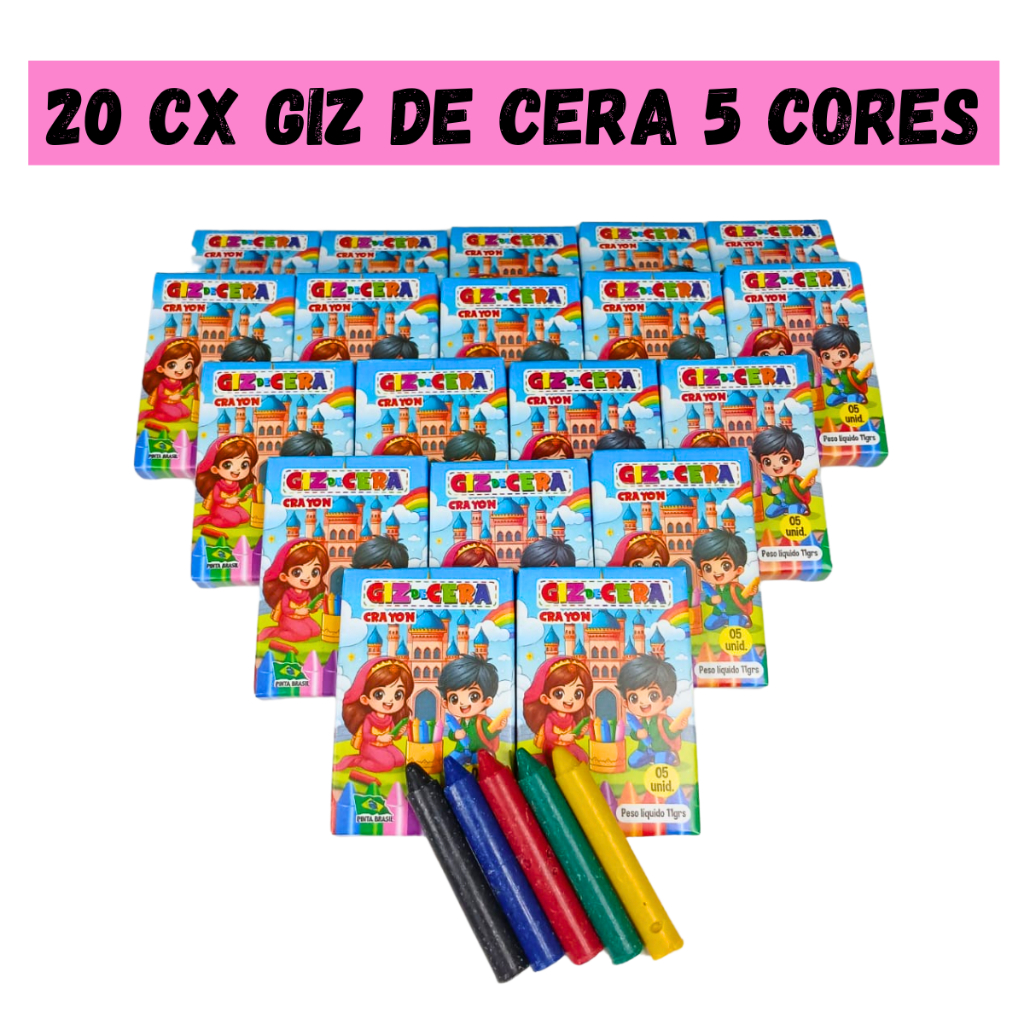 20 cx Mini Giz de Cera 5 Cores P/ Kit Festa Lembra