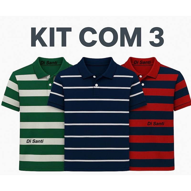 Kit com 3 Camisa Gola Polo Masculina Listrada Sem 