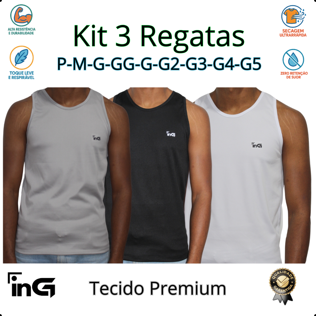 Kit com 1a3 Peças P ao G5 Regata Masculina Dry Fi