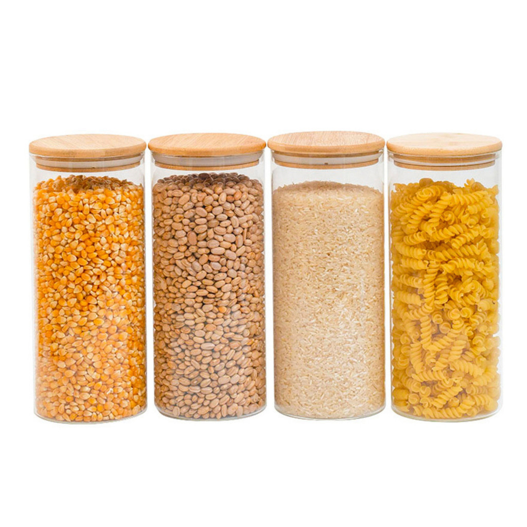 kit 4 potes de vidro 1650ml tampa de bambu hermét