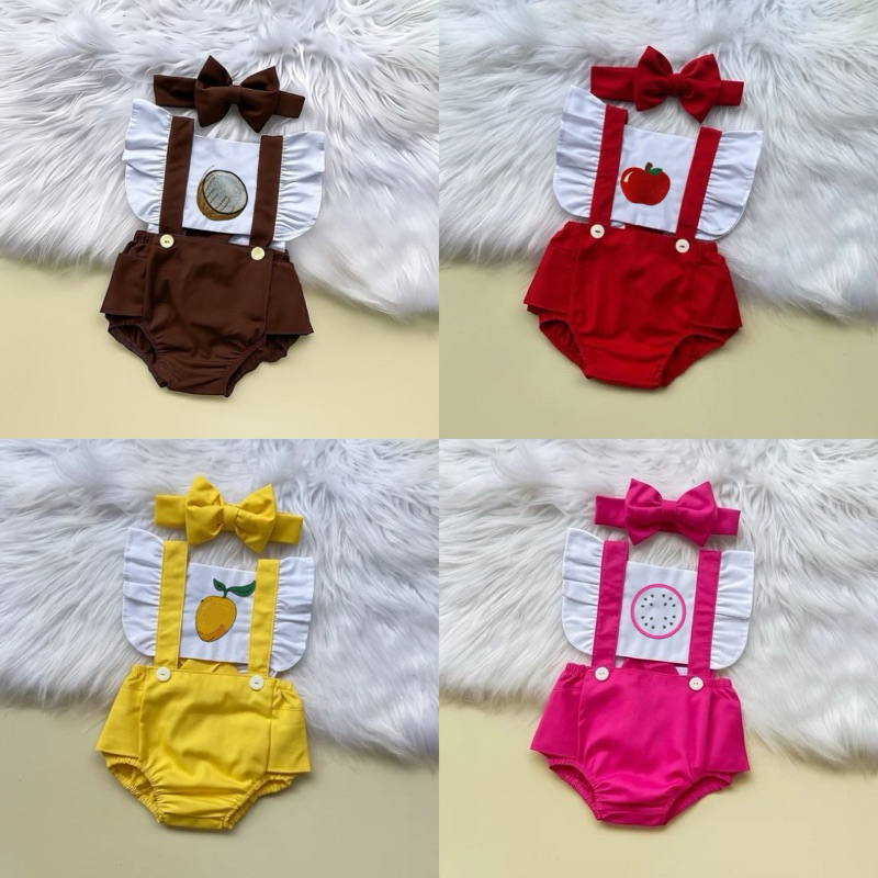 BODY TEMATICO BORDADO FRUTAS + FAIXA DE CABELO