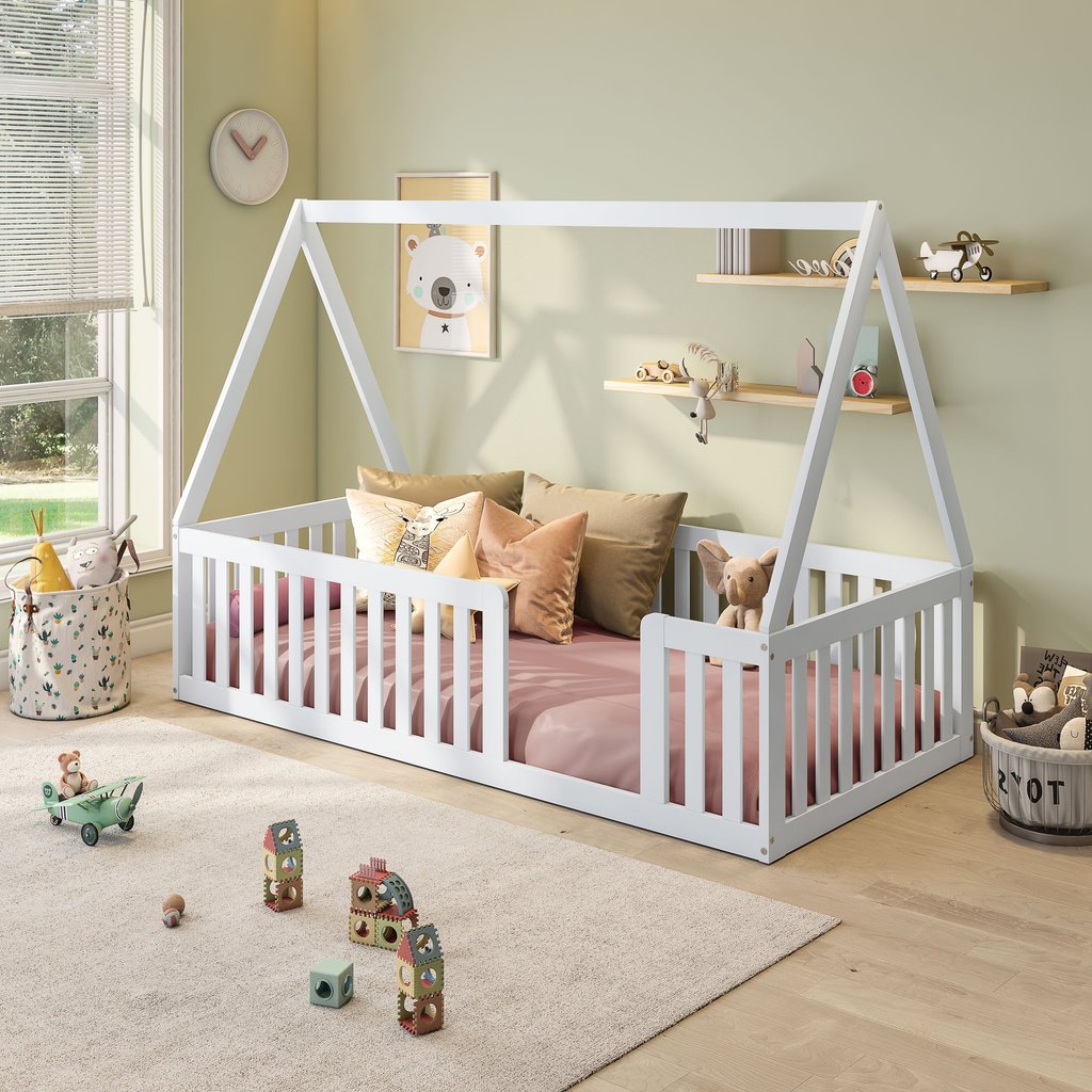 Cama Montessoriana Solteiro Com Grade e Telhado Gi