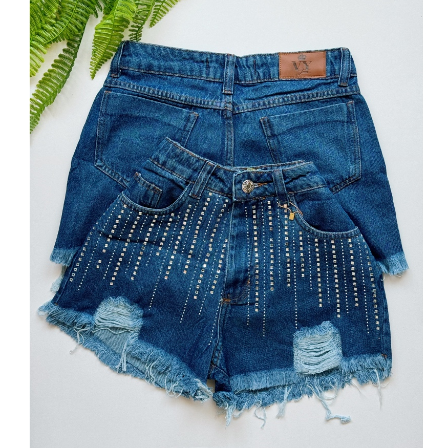 Short Jeans Feminino Pedraria Strass Brilho Com Bo