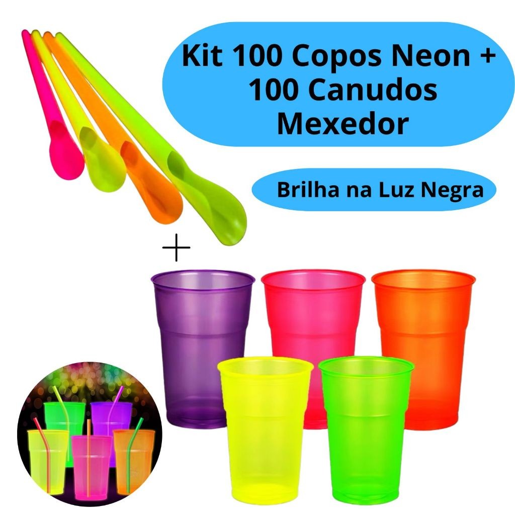 Kit 100 Copos Neon 300ml + Canudo Mexedor Premium 