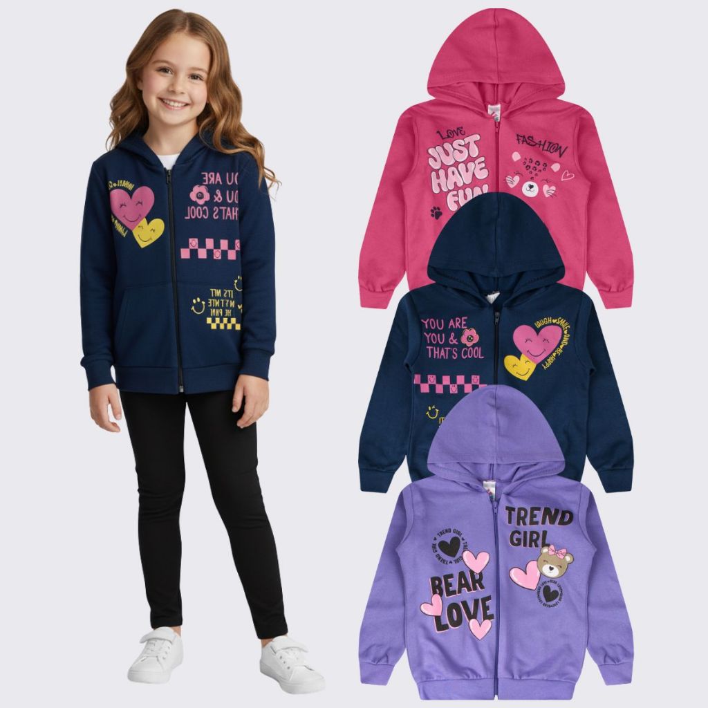 Kit 3 Jaqueta Moletom Infantil Juvenil Menina Zipe