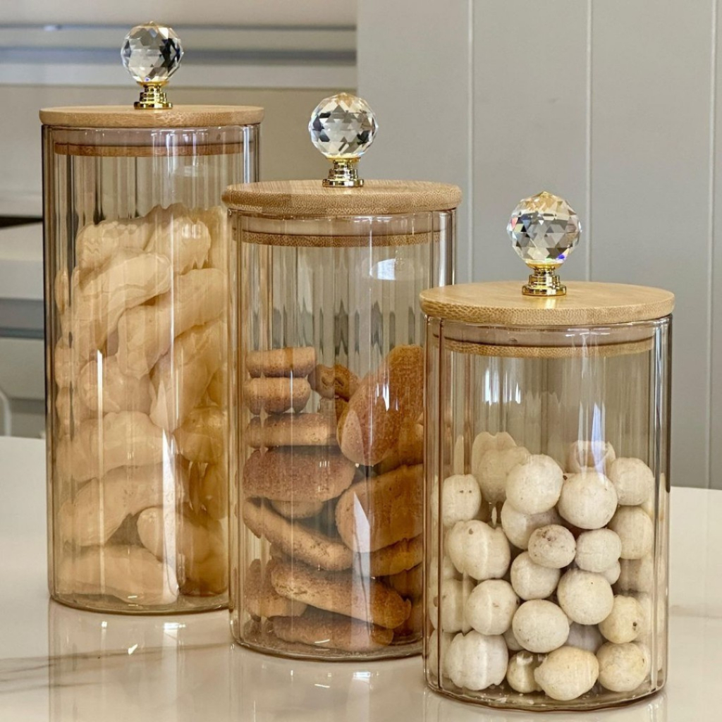 Kit Potes Vidro CANELADO ÂMBAR CRISTAL Porta Mant