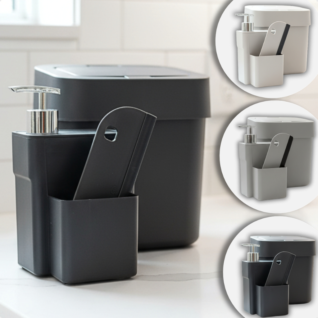 Kit Lixeira Pia De Cozinha 4 Litros E Dispenser Po