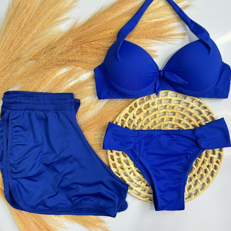 Conjunto biquini top bojo calcinha bombom e shorts
