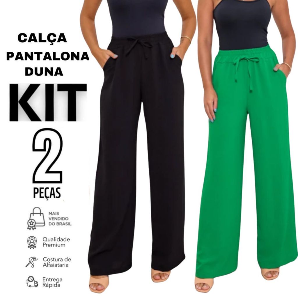 Kit 2 Calça Pantalona Duna Feminina Cintura Alta 