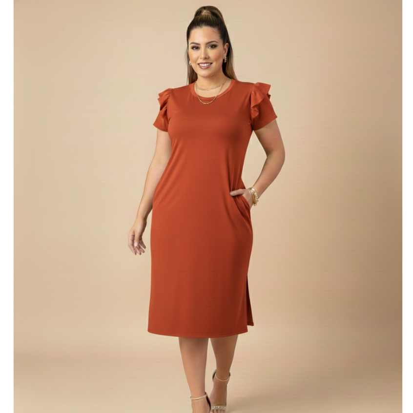 Vestido Femenino Vestido Mídi Manga Curta No Algo