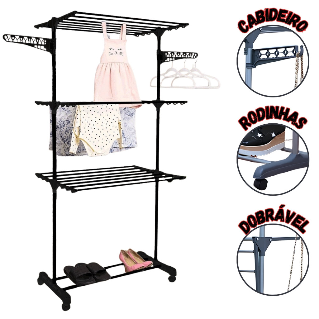 Varal Dobrável 3 Andares com Rodinhas | Metal Ref