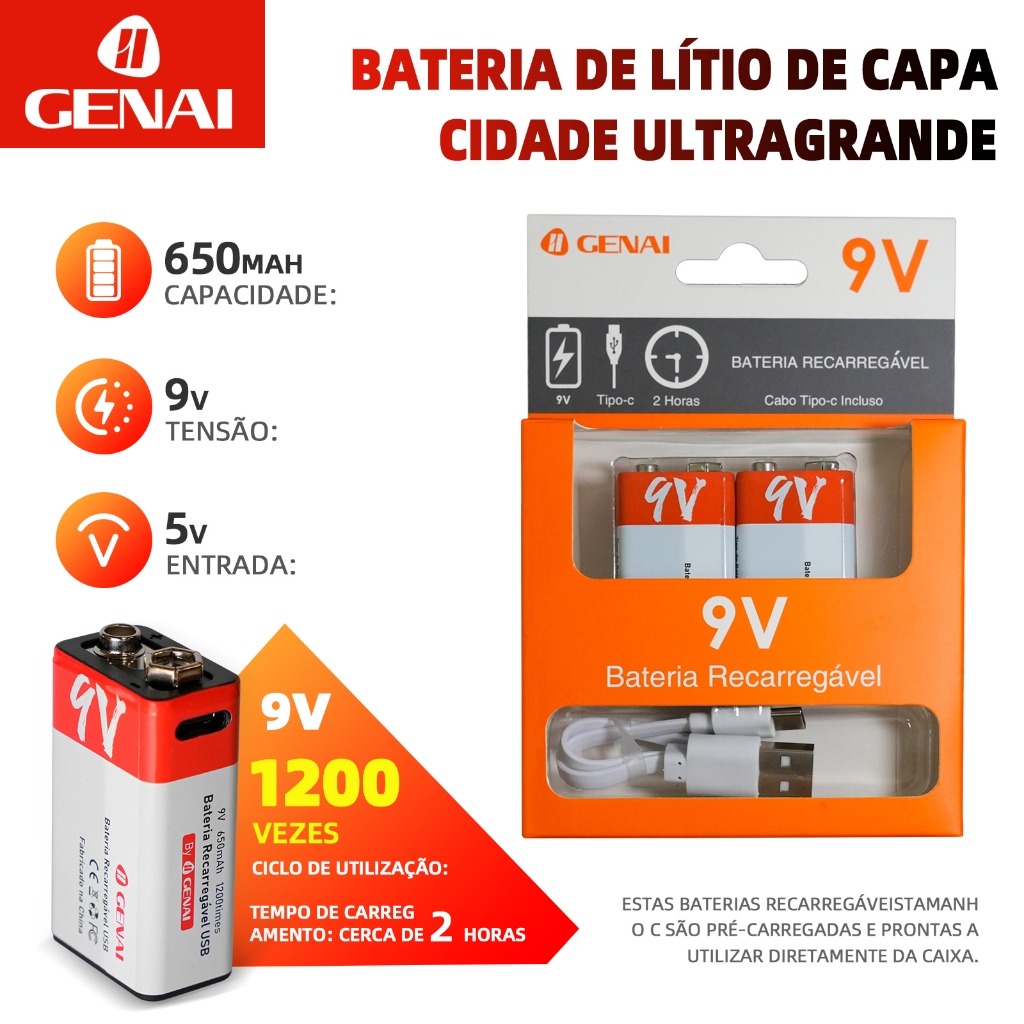Kit 2 Baterias Recarregável 9v 650mah Genai Tipo 